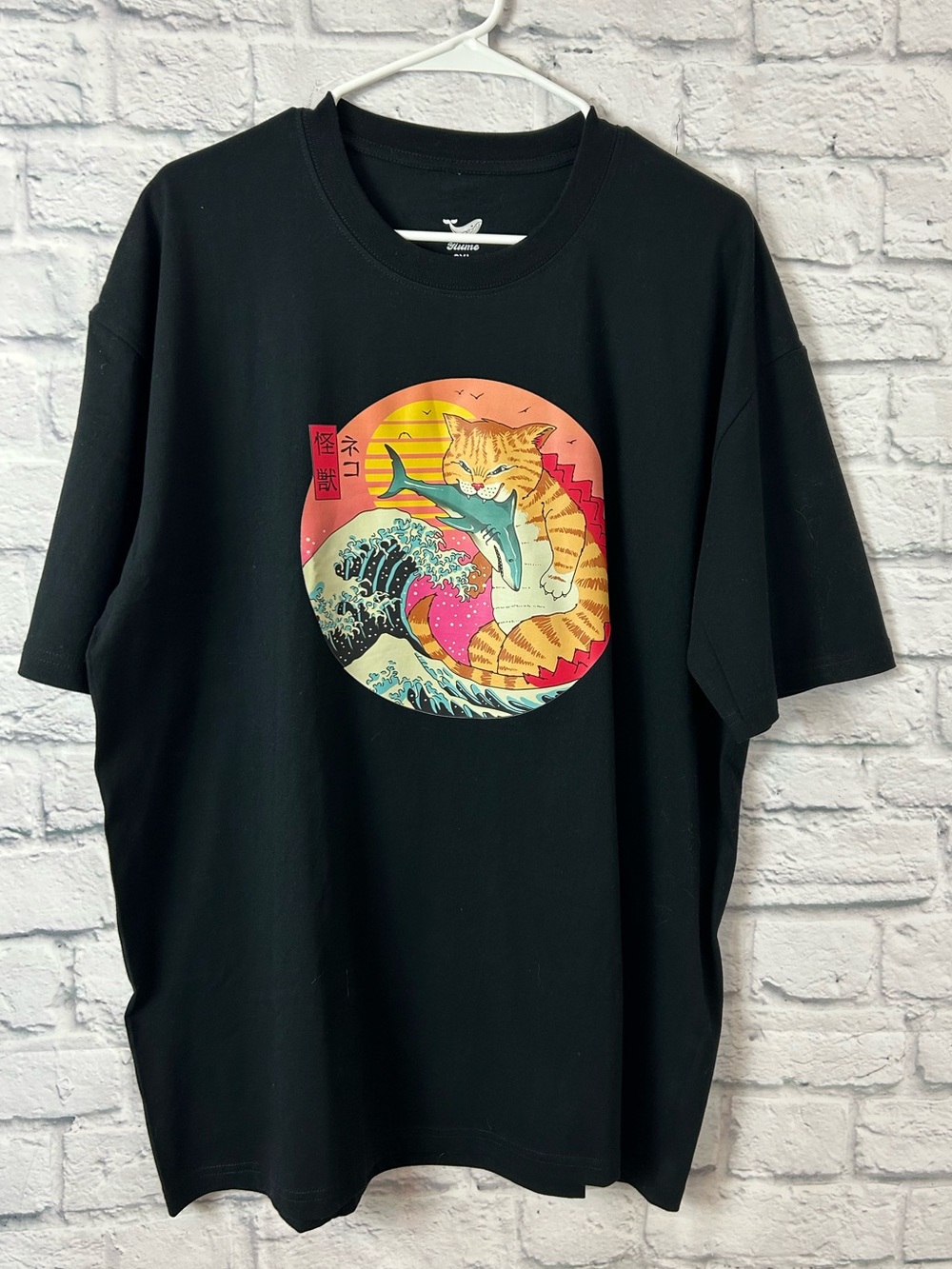 Yiume Cat Shark Graphic T-Shirt Black 2XL Japanese Wave Funny Novelty Tee